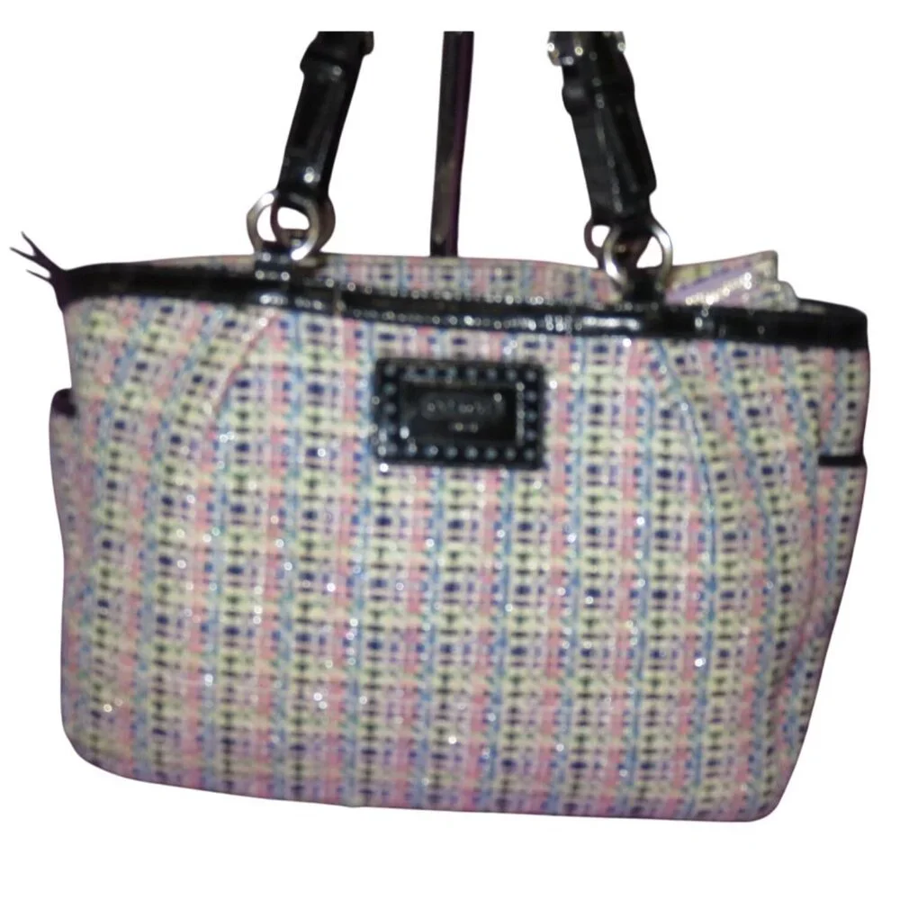 Coach 2011 Gallery Herringbone Tweed & Patent Leather tote in Pink, Blue & Black